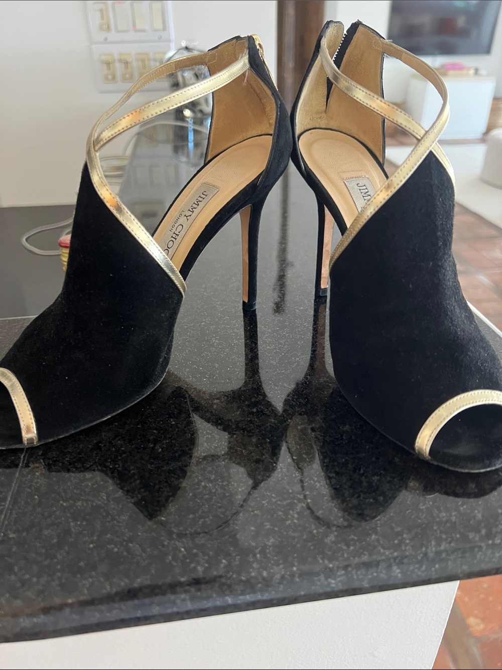 Jimmy Choo Black Suede Peep-Toe Stilettos with Gold Straps